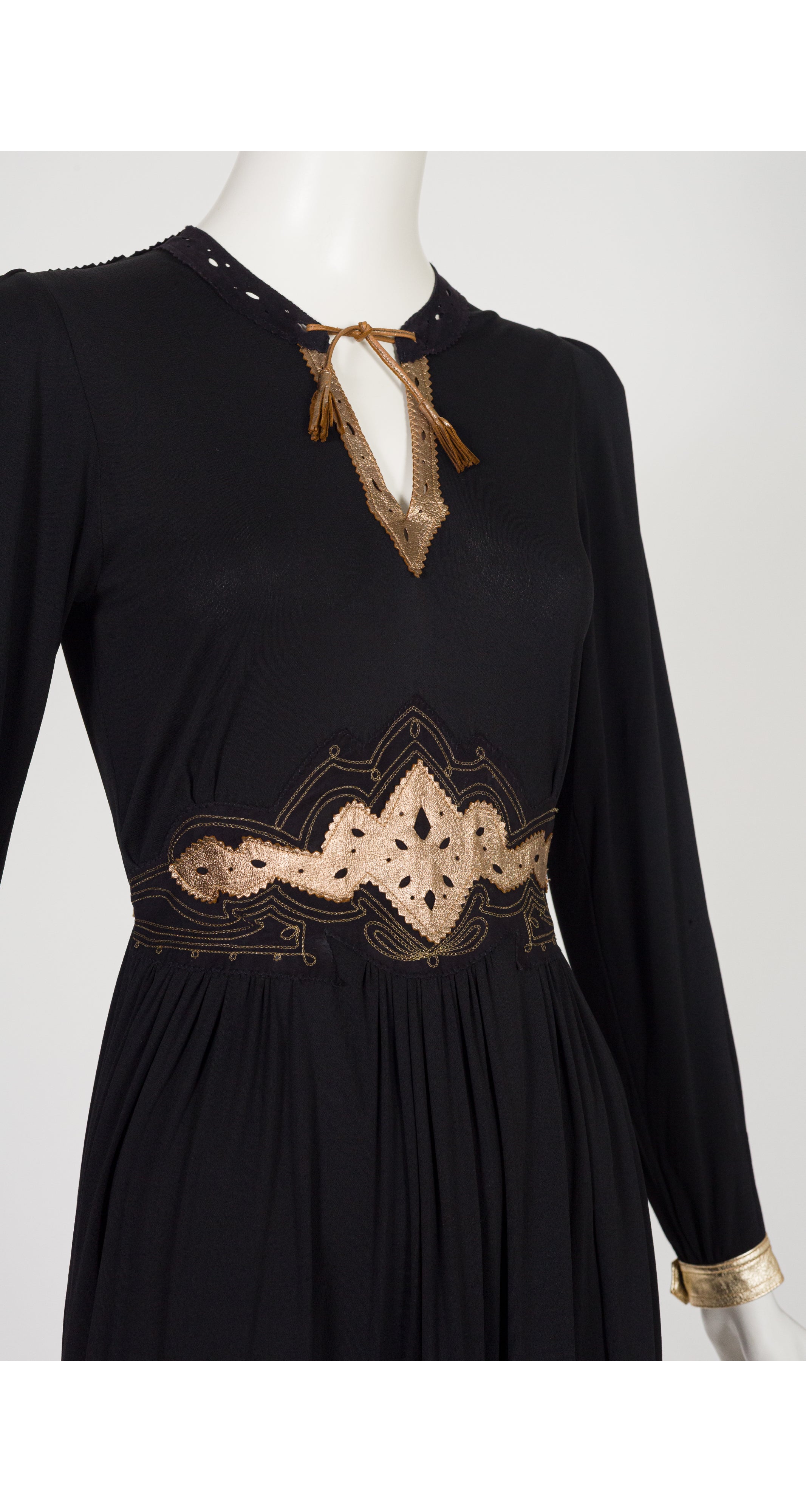 1970s Metallic Leather Trim Black Rayon Jersey Dress