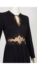 1970s Metallic Leather Trim Black Rayon Jersey Dress