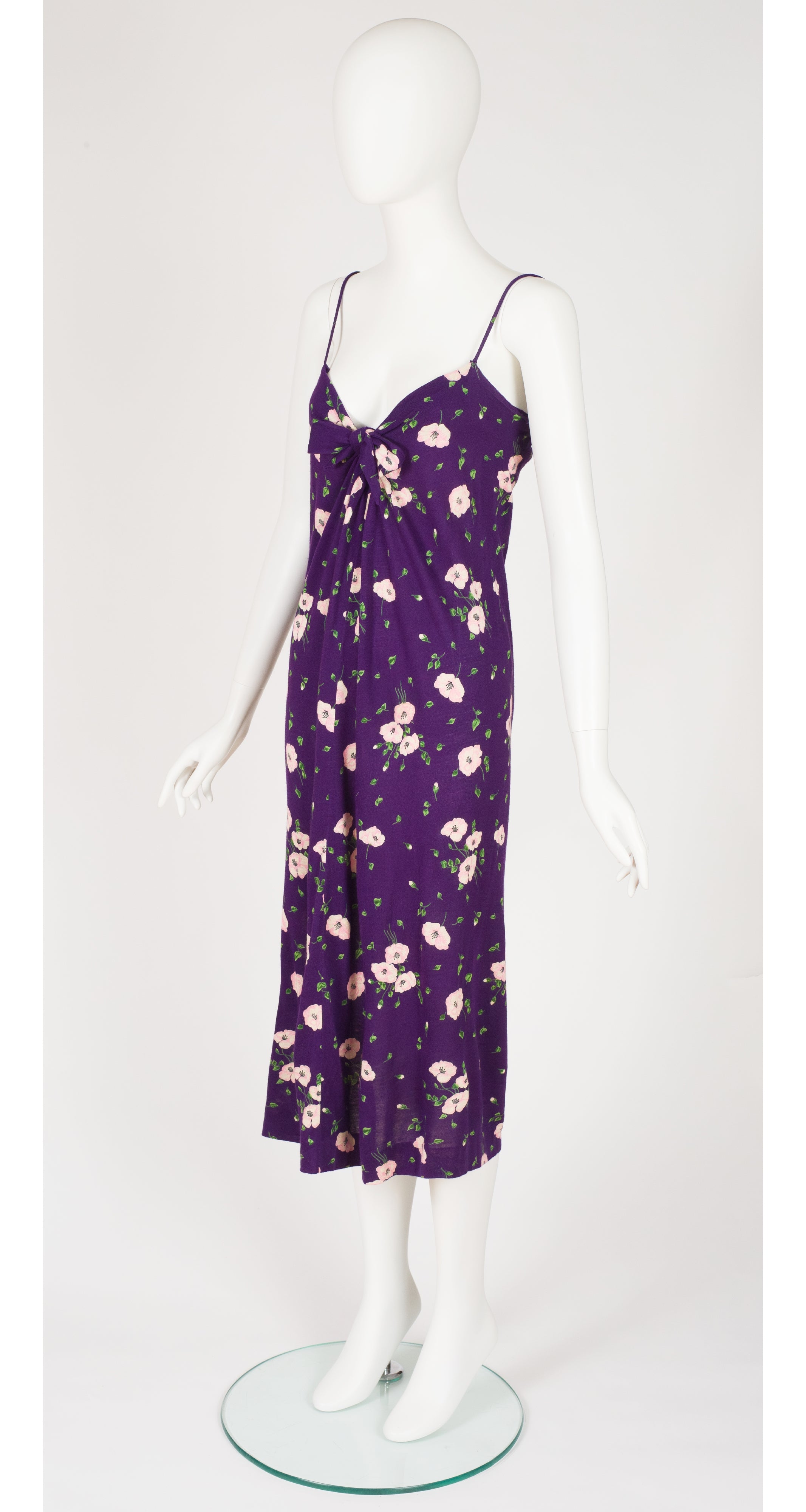 1970s Floral Purple Jersey Tie-Bust Sleeveless Dress