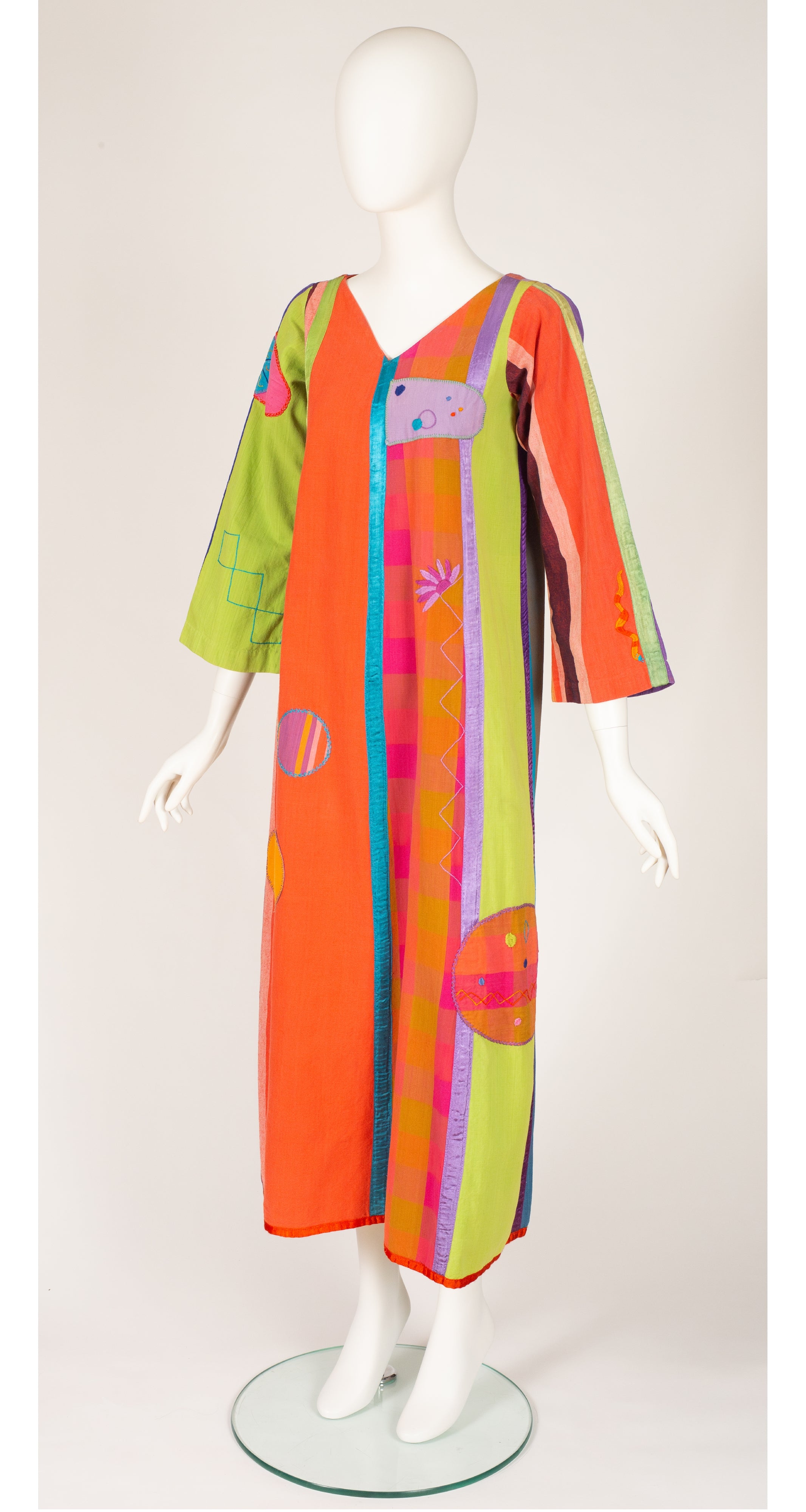 1970s Mexican Hand-Embroidered Striped Cotton Caftan