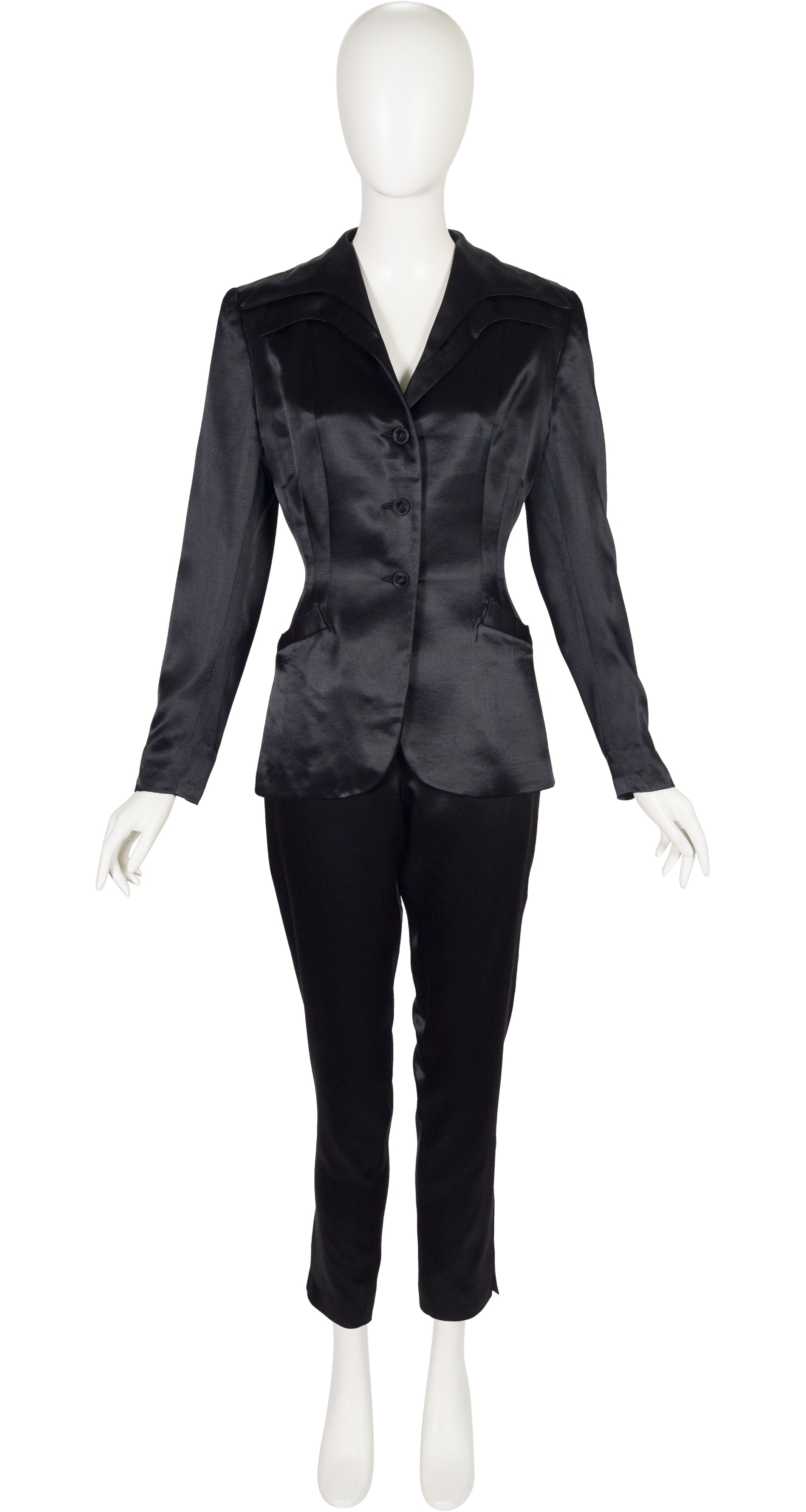 1995 F/W Black Rayon Satin Layered Lapel Pant Suit