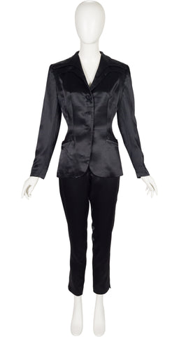 1995 F/W Black Rayon Satin Layered Lapel Pant Suit