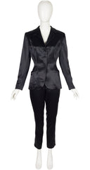 1995 F/W Black Rayon Satin Layered Lapel Pant Suit