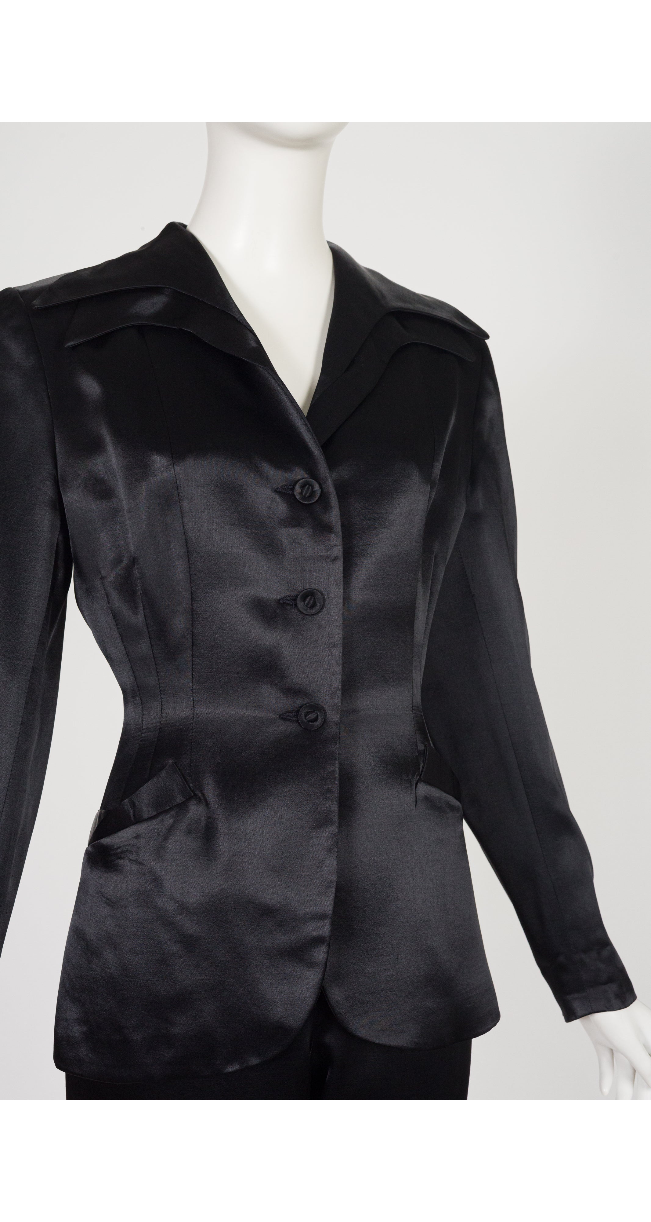 1995 F/W Black Rayon Satin Layered Lapel Pant Suit