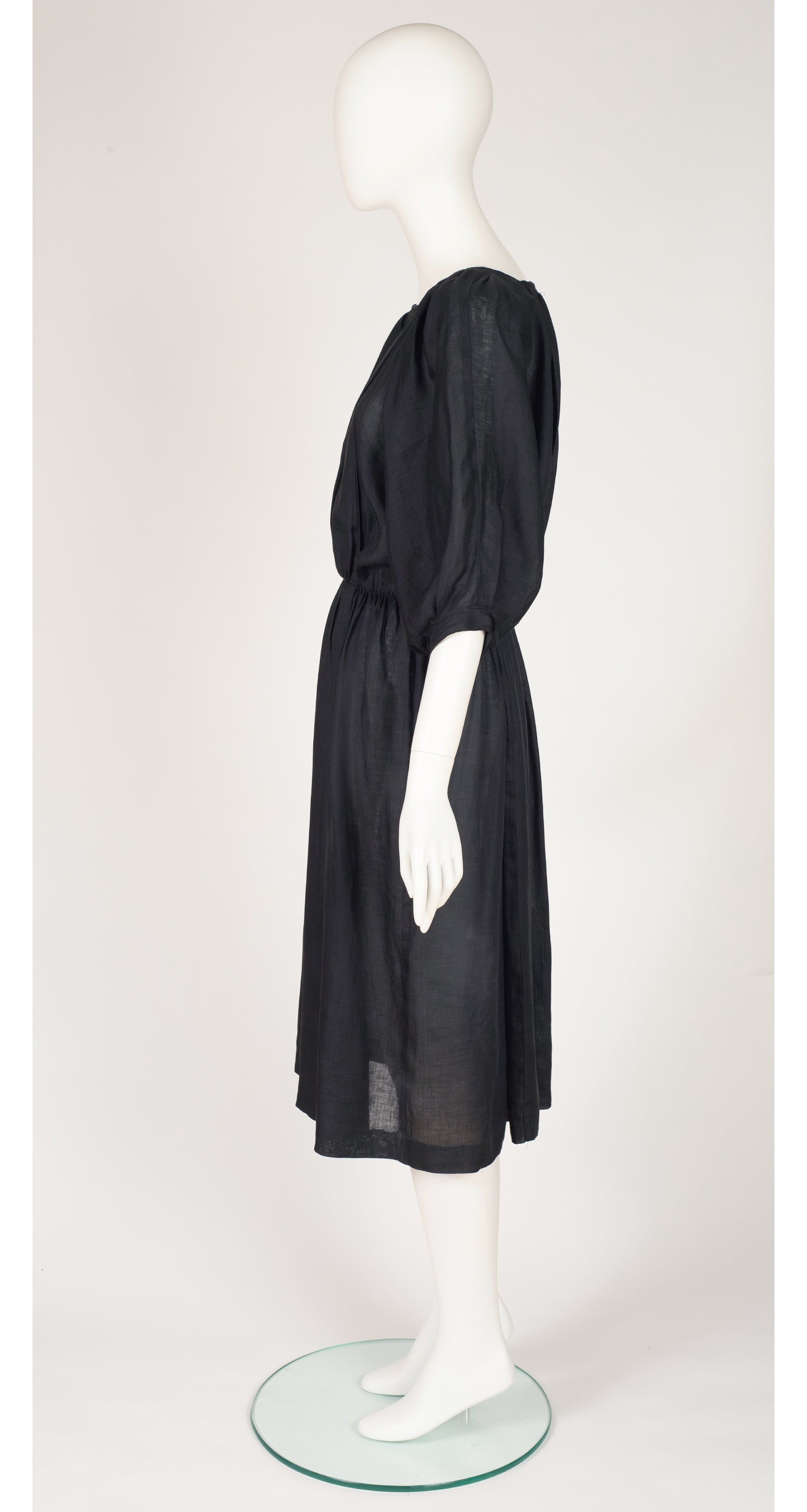 1980s Black Linen Pleated Blouson Dress