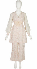 1960s White Floral Lace Babydoll Dress & Flared Pants Set