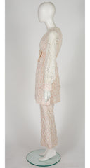 1960s White Floral Lace Babydoll Dress & Flared Pants Set