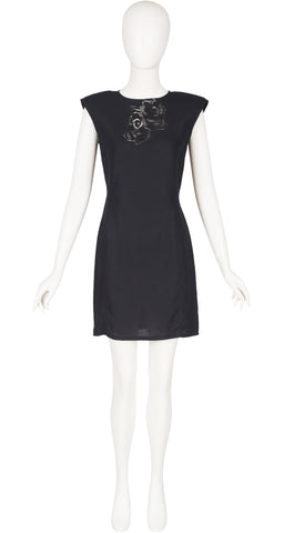 1980s Black Linen Cut-Out Mini Sheath Mini Dress