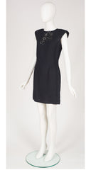 1980s Black Linen Cut-Out Mini Sheath Mini Dress