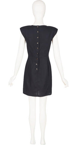 1980s Black Linen Cut-Out Mini Sheath Mini Dress