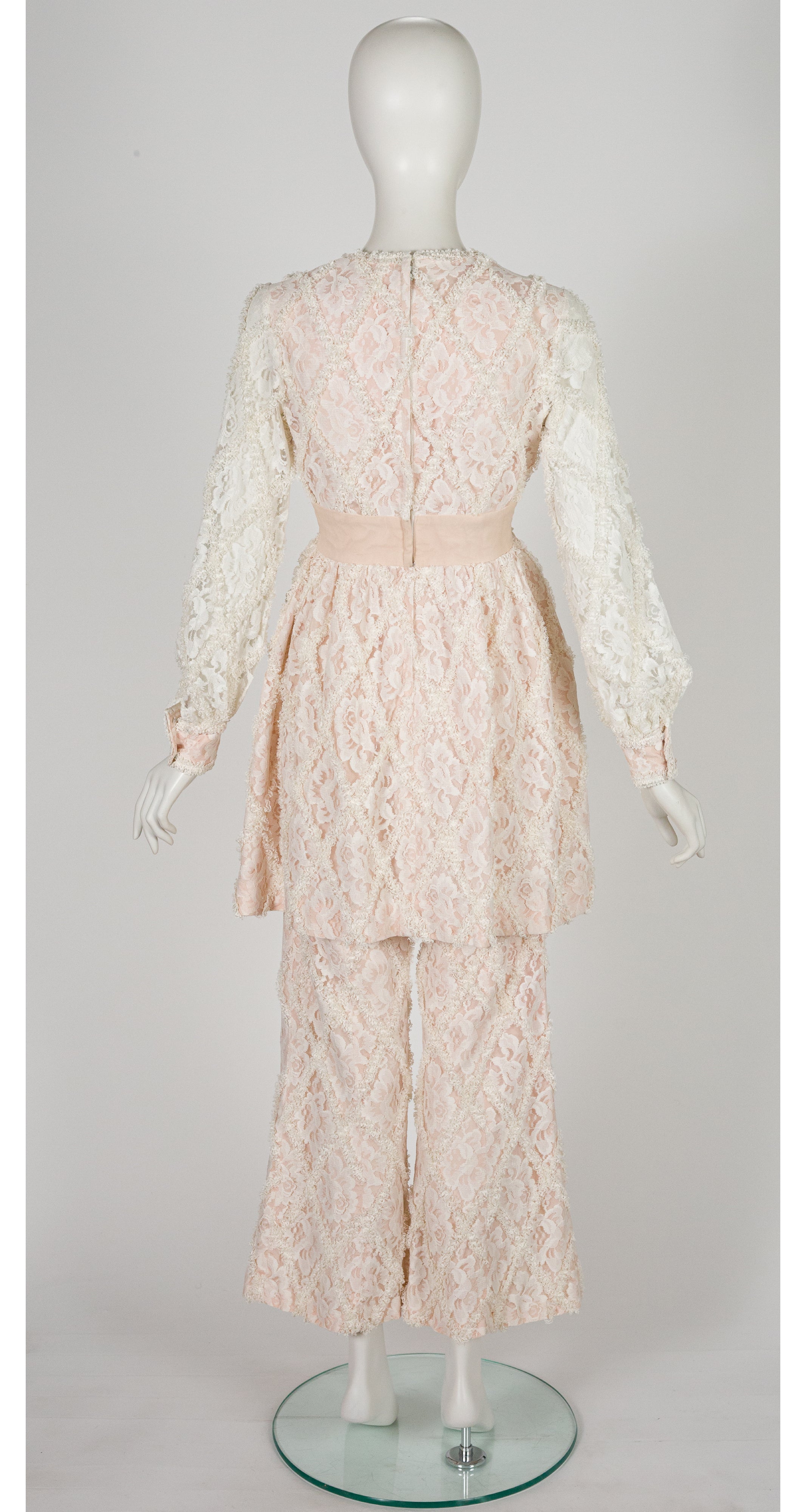 1960s White Floral Lace Babydoll Dress & Flared Pants Set