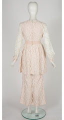 1960s White Floral Lace Babydoll Dress & Flared Pants Set
