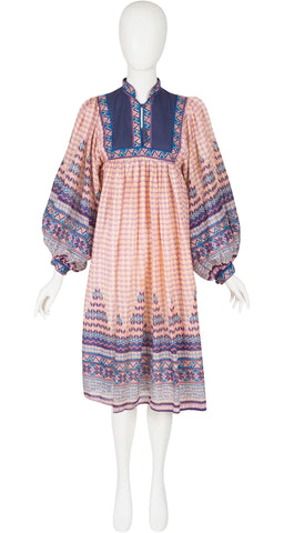 1970s Geometric Print Balloon Sleeve Cotton Dress