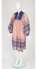 1970s Geometric Print Balloon Sleeve Cotton Dress
