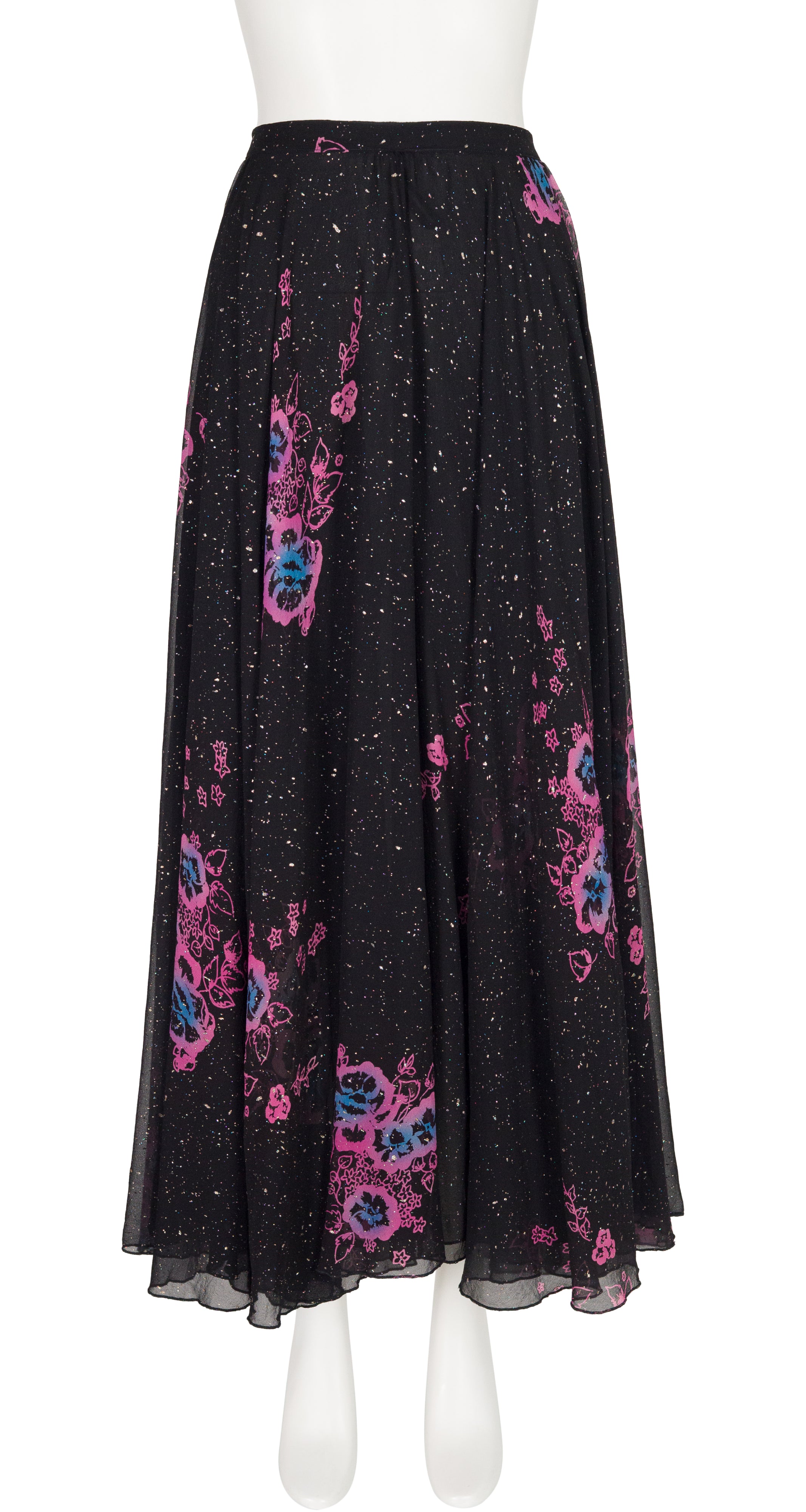 1970s Floral Galaxy Print Black Silk Chiffon Skirt