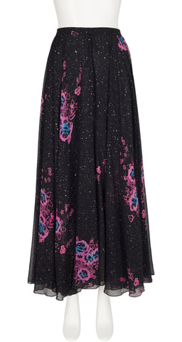 1970s Floral Galaxy Print Black Silk Chiffon Skirt