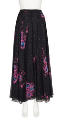 1970s Floral Galaxy Print Black Silk Chiffon Skirt