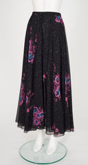 1970s Floral Galaxy Print Black Silk Chiffon Skirt