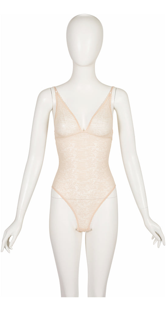 Christian Dior 1990s Peach Floral Monogram Lace Lingerie Bodysuit