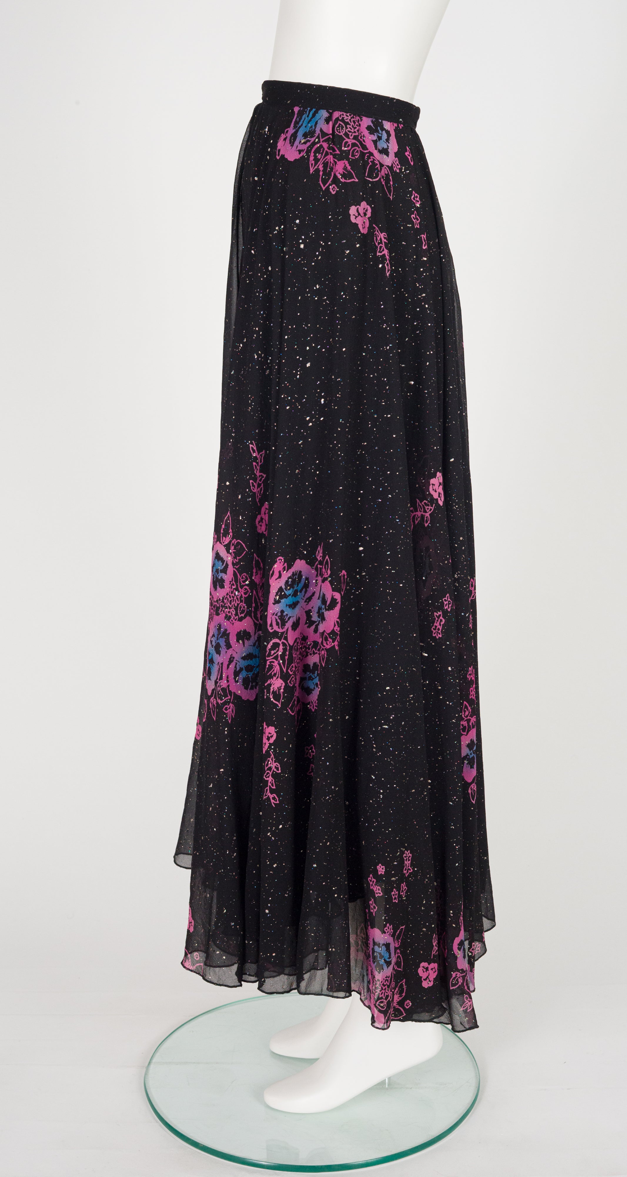 1970s Floral Galaxy Print Black Silk Chiffon Skirt