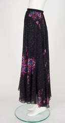 1970s Floral Galaxy Print Black Silk Chiffon Skirt