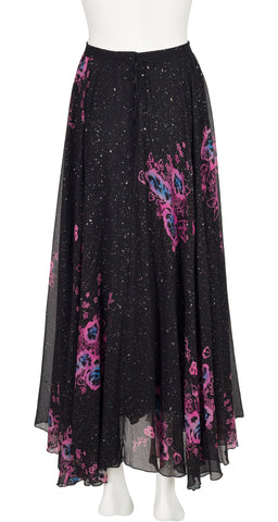 1970s Floral Galaxy Print Black Silk Chiffon Skirt
