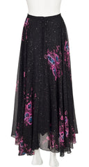 1970s Floral Galaxy Print Black Silk Chiffon Skirt