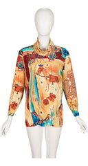 1980s Equestrian Print Funnel Neck Blouse