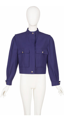 1980s Navy Blue Gabardine Cropped Bomber Jacket