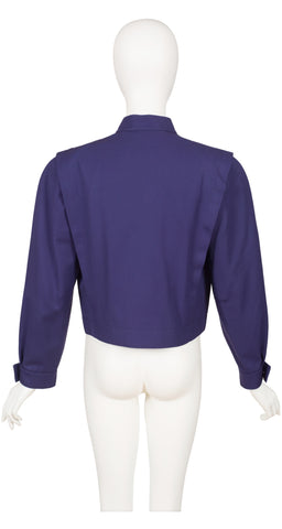 1980s Navy Blue Gabardine Cropped Bomber Jacket