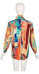 1980s Equestrian Print Funnel Neck Blouse