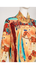 1980s Equestrian Print Funnel Neck Blouse