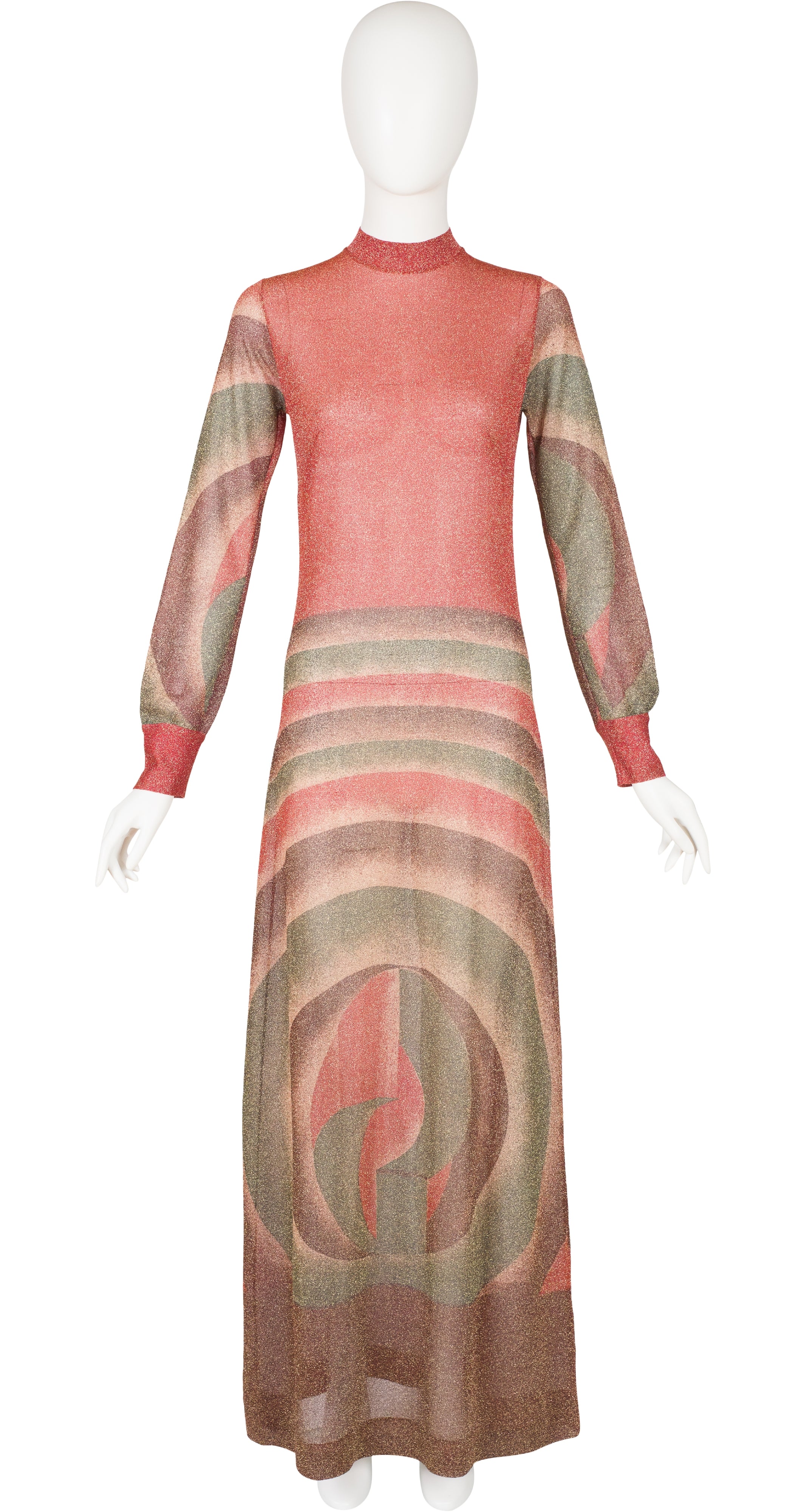 1970s Art Deco Print Lurex Long Sleeve Maxi Dress