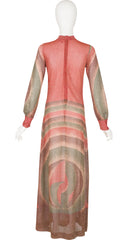 1970s Art Deco Print Lurex Long Sleeve Maxi Dress