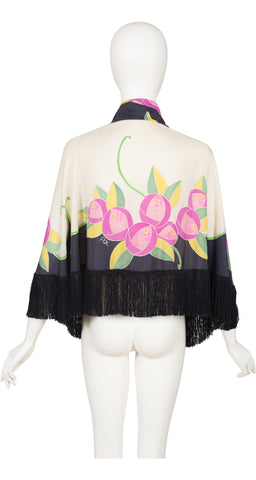 Art Deco Floral Hand-Painted Silk Fringe Shawl