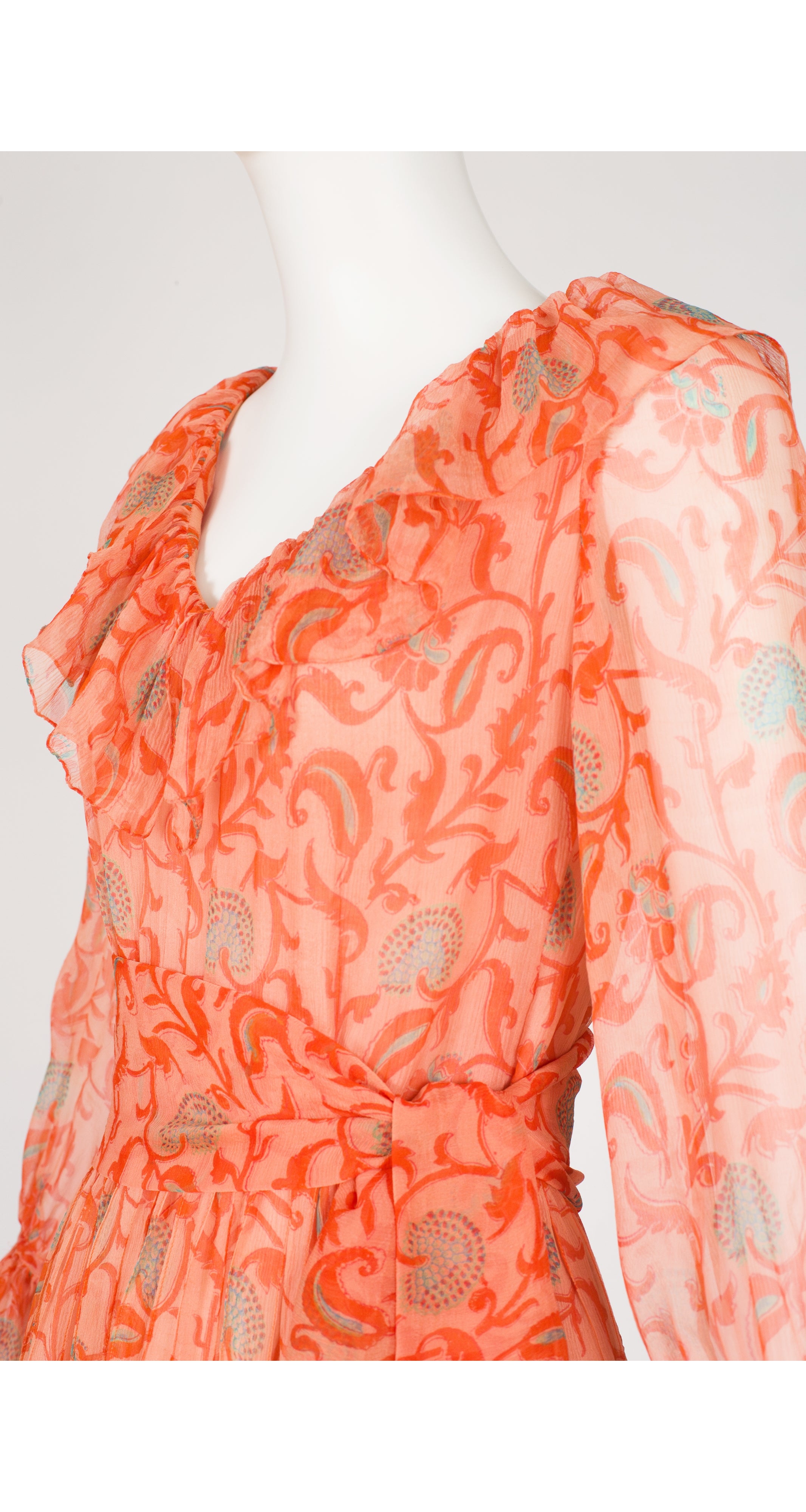1970s Orange Floral Print Silk Chiffon Ruffle Collar Dress
