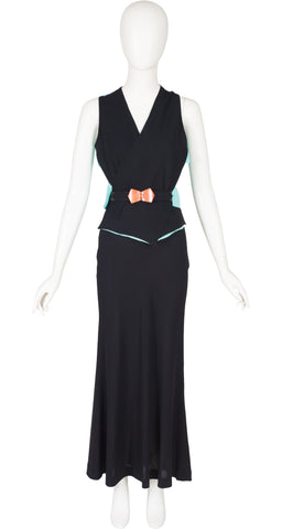 1990s Black Crepe Waistcoat & Maxi Skirt Set