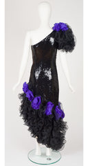 1988 Documented Black Sequin Ruffle One-Shoulder Gown