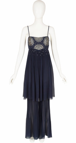 2000-01 F/W Sequin Navy Silk Chiffon Pleated Jumpsuit