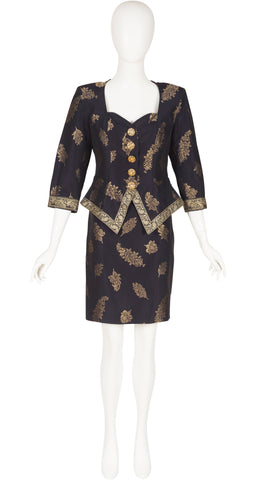 1990s Gold Metallic Paisley Brocade Skirt Suit