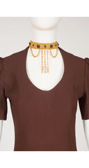 1970s Gold Chain Choker Brown Crepe Maxi Dress