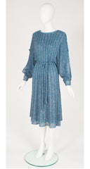1970s Blue Wool Knit Dolman Sleeve Belted Dress