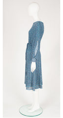 1970s Blue Wool Knit Dolman Sleeve Belted Dress