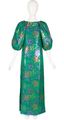 1970s Floral Lamé Green Silk Chiffon Puff Sleeve Evening Gown