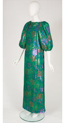 1970s Floral Lamé Green Silk Chiffon Puff Sleeve Evening Gown