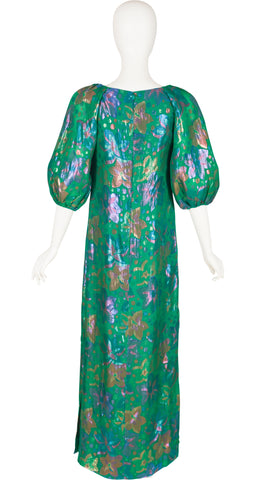 1970s Floral Lamé Green Silk Chiffon Puff Sleeve Evening Gown