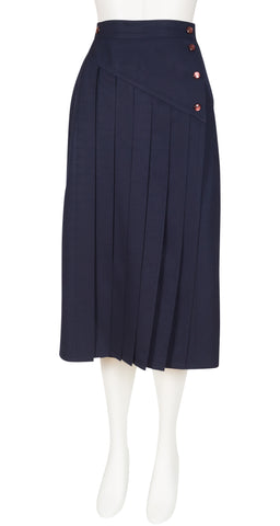 1980s Navy Wool Gabardine Pleated Skirt & Jacket Set