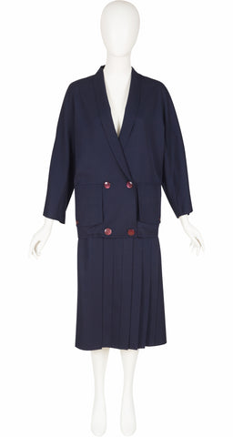1980s Navy Wool Gabardine Pleated Skirt & Jacket Set