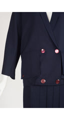 1980s Navy Wool Gabardine Pleated Skirt & Jacket Set