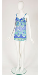 1960s Blue Printed Nylon Mini Slip Dress